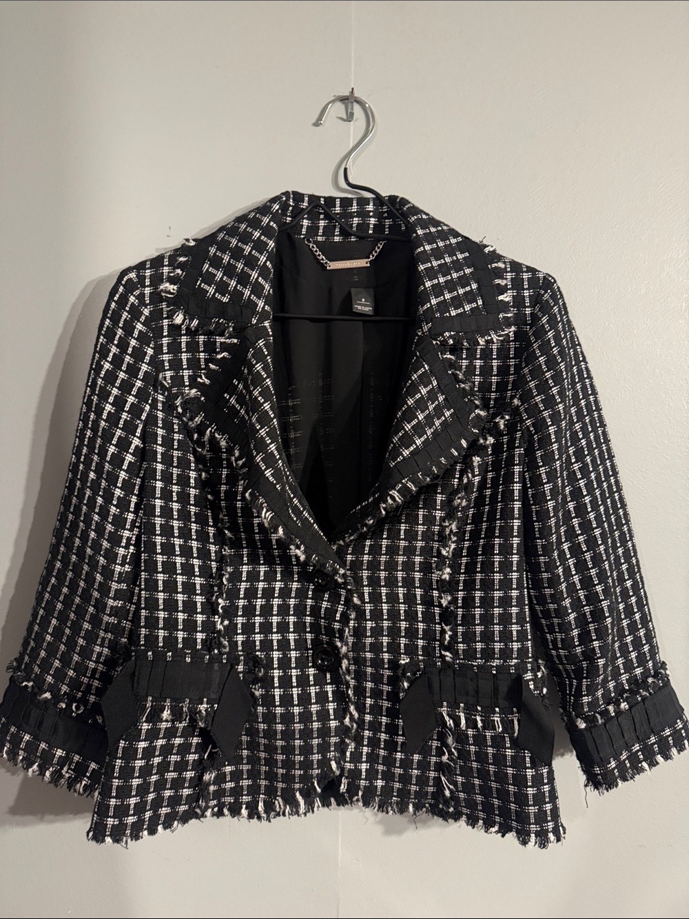 White House Black Market Black & White Tweed Fringe Blazer